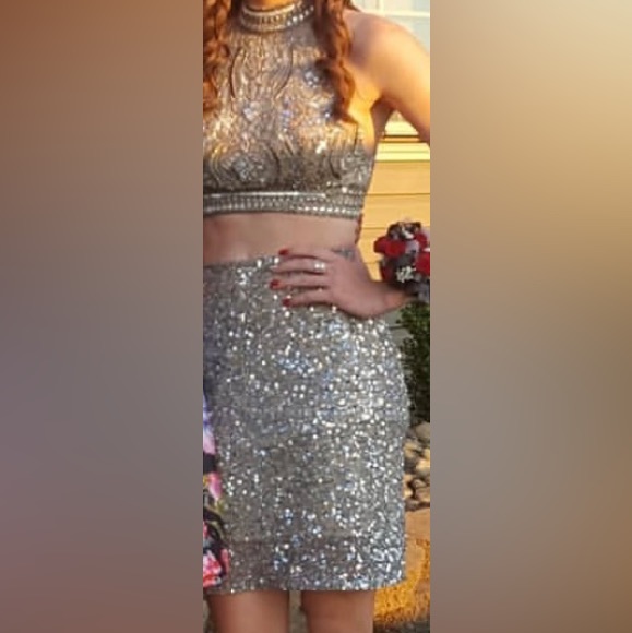 SCALA Two Piece Sequin Halter and Skirt Dress Set - Picture 1 of 2